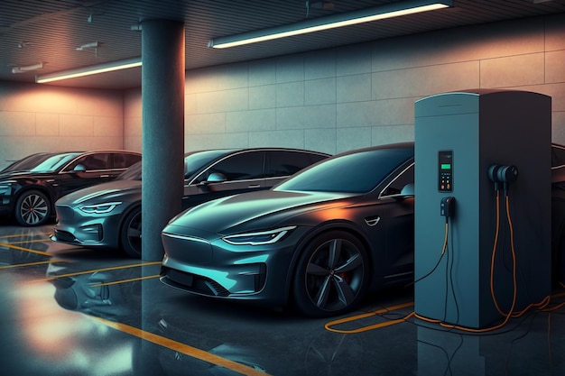 Futuristic Electric cars at the charging station in the supermarket public parking Generative AI