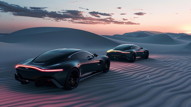 사막의 모래 언덕에서 차를 타고 달리는 미래의 전기 자동차, 은 풍경에서 현대적인 디자인을 가진 컨셉 차량, 움직이는 인공지능의 혁신과 스타일