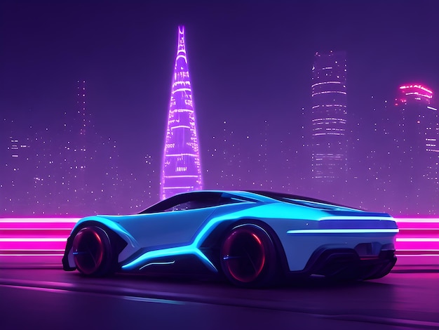 Foto futuristica concept car elettrica in sfondo cyberpunk ai generativa