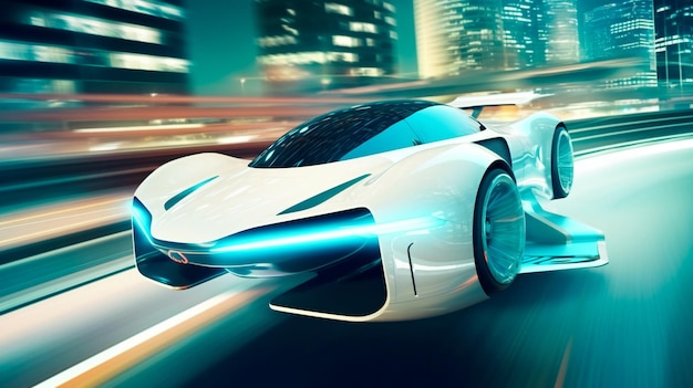 A futuristic electric flying car speeding down a highway surrounded by neonlit buildings and cityscapes