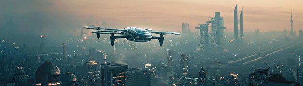 A futuristic electric flying taxi hovers above a modern city skyline