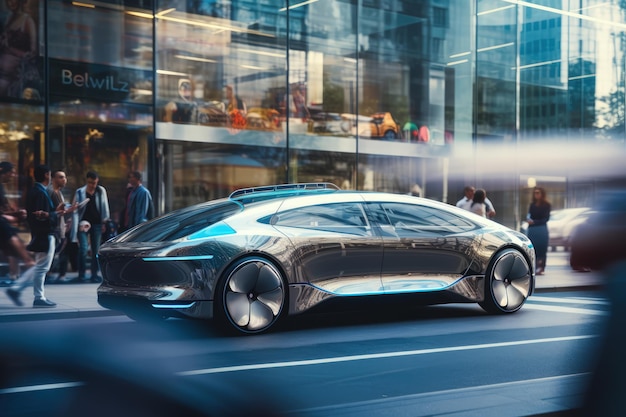 Futuristic Electric Liftback Car Outside On Modern City Street Out Of Focus Generative AI
