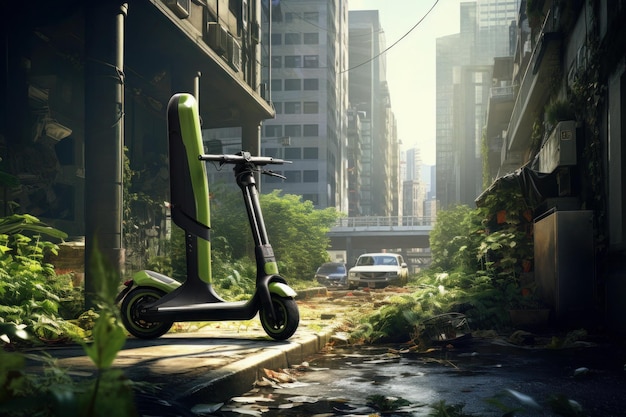 Photo futuristic electric scooter in a postapocalyptic city generative ai