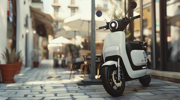 Photo futuristic electric scooter with a sleek design parked in an urban setting it is a clean and simple design with a white body and black accents