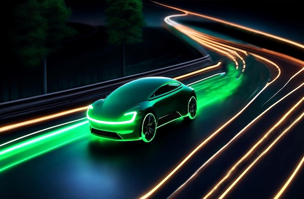 Футуристическая технология электромобилей 3d-рендеринг на неоновом шоссе, созданная ai