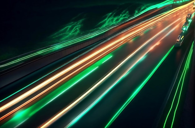 Foto tecnologia futuristica per veicoli elettrici, rendering 3d su autostrada al neon generata ai