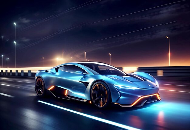 Futuristic electric vehicle technology 3d rendering on neon highway ai generated