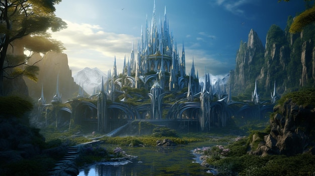 A futuristic elven castle in a magical forest