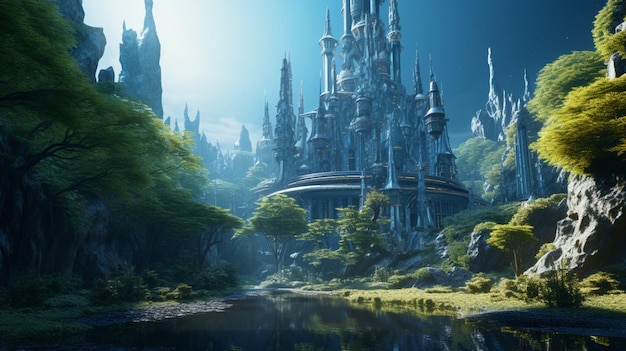 A futuristic elven castle in a magical forest