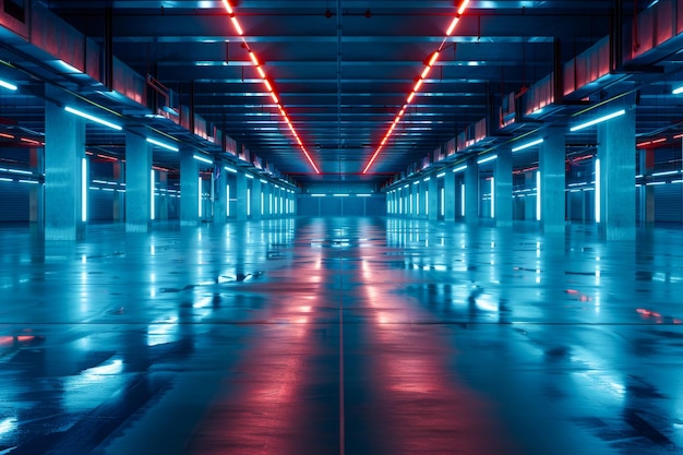 Futuristic and empty industrial corridor illuminated by vibrant neon lights reflecting on the glossy floor