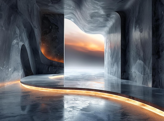 Futuristic empty marble room with sunset