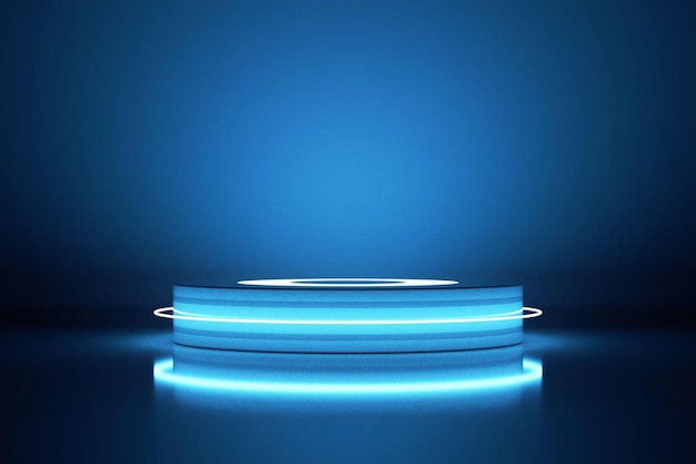 Futuristic empty pedestal or podium with neon light blue minima