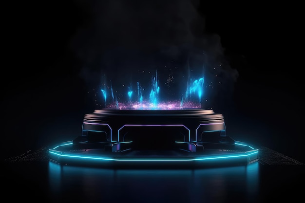 Futuristic Empty Podium Stage with Smoke and Neon Light