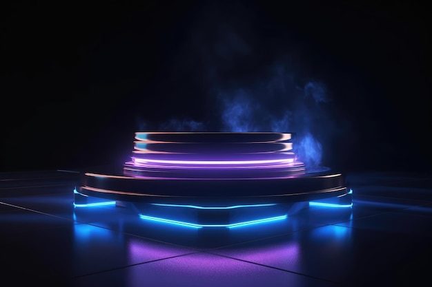 Futuristic Empty Podium Stage with Smoke and Neon Light