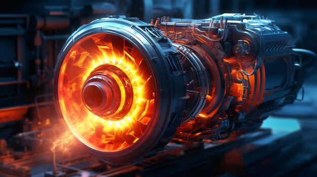 Futuristic Engineering A glowing jet engine in the dark