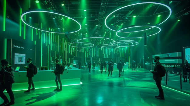 Foto spazio espositivo futuristico con illuminazione verde al neon