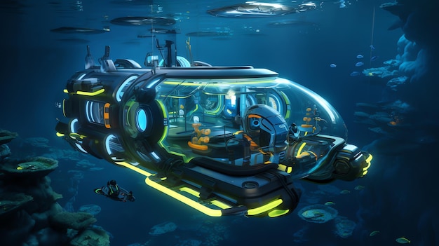 Foto centro di esplorazione futuristico con stazioni di ricerca ad alta tecnologia che esplorano i misteri del mare profondo