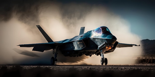 Futuristic F35 with blue ion propulsion engines taking off on a runway AIGenerated