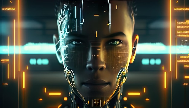 Futuristic face with HUD interface digital art illustration Generative AI