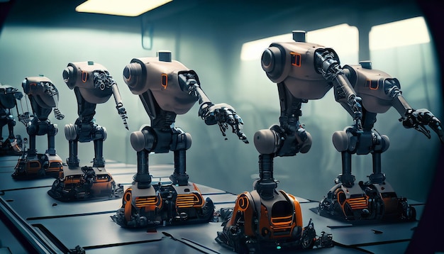 Futuristic factory automation robots in synchronized motion precision engineering technology inn