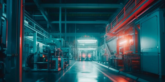 Futuristic factory with advanced machinery and robots working alongside human workers Generative AI