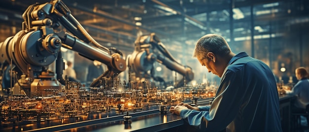 Photo a futuristic factory with a mechanised industry where a human worker and a robot coexist