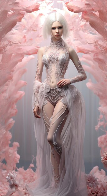 Futuristic Fairy of Fashion Enchanting 3D Art Depicting a Female Model with Short White Hair donni