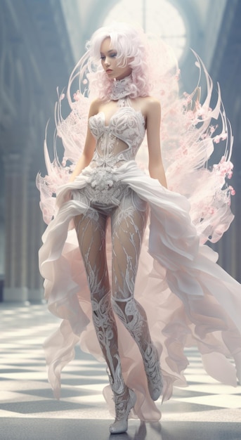 Futuristic Fairy A Romantic 3D Art Creation featuring a Female Model with Short White Hair and Orna