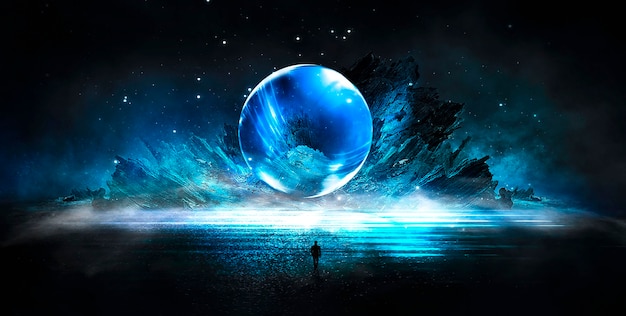 Futuristic fantasy abstract night landscape with island moonlight shine