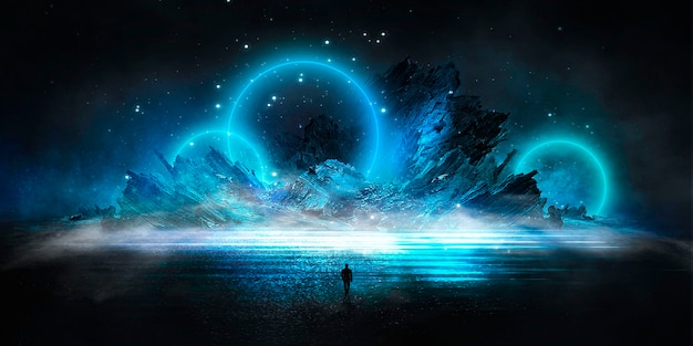 Futuristic fantasy abstract night landscape with island moonlight shine