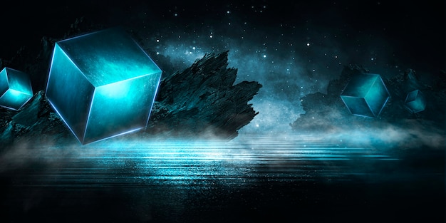 Paesaggio notturno astratto fantasy futuristico con luce lunare dell'isola brillare