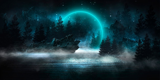 Futuristic fantasy abstract night landscape with island moonlight shine