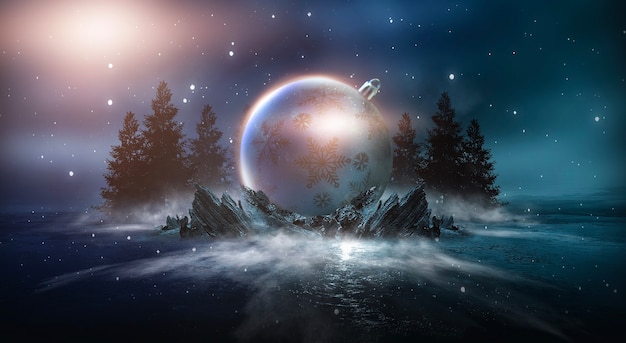 Futuristic fantasy abstract night landscape with island moonlight shine