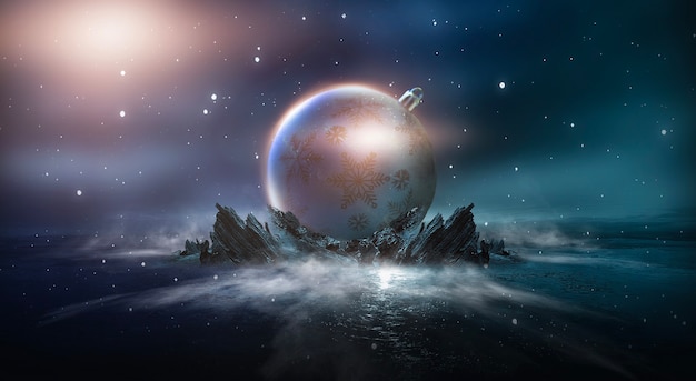 Paesaggio notturno astratto fantasy futuristico con luce lunare dell'isola brillare