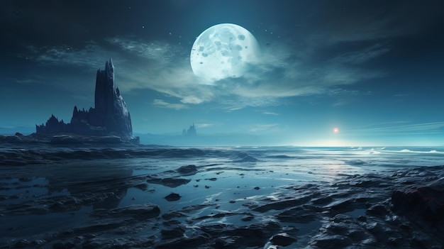 Futuristic Fantasy Blue Sea With Moon Over Rocky Islands