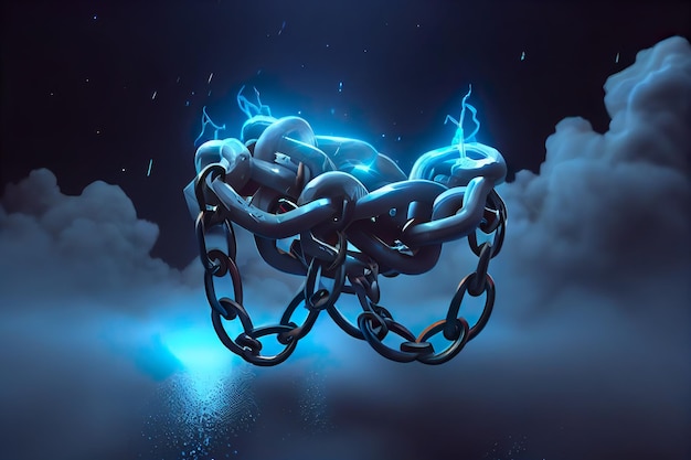 futuristic fantasy chain, blue, science, medicine,on drak dramatic cloudy environment in the night