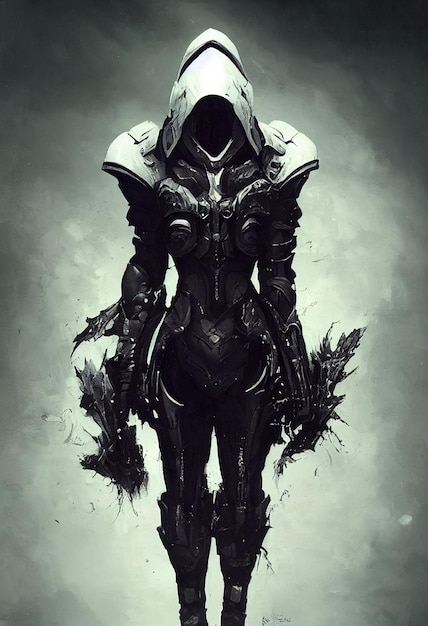 Futuristic fantasy character in armor with a hood art