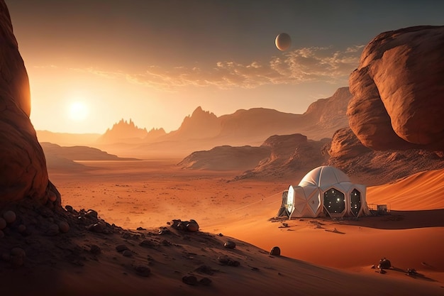 Futuristic fantasy image city building on Mars flying ships with astronaut