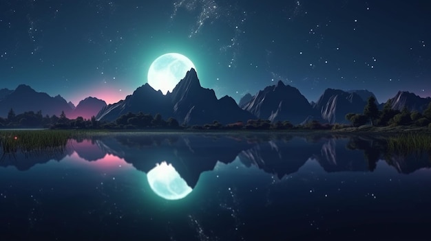 Futuristic fantasy landscape Dark natural scene with light reflection in water