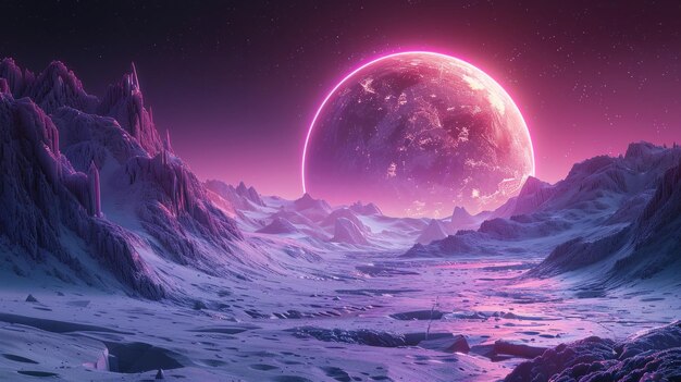 futuristic fantasy landscape distant planet hovering over icy terrain glowing neon lights AI Generative