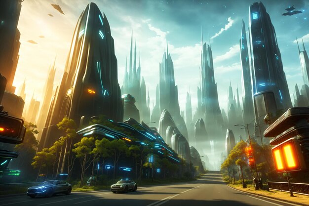 Premium AI Image  Futuristic fantasy landscape sci fi city