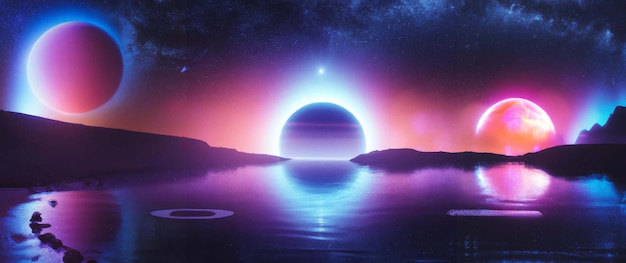 Futuristic fantasy landscape, sci-fi landscape with planet, neon light, cold planet. Galaxy planets.