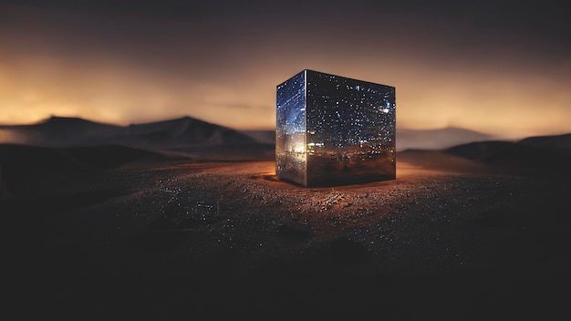 Futuristic fantasy landscape scifi landscape with planet neon\
light cold planet dark natural scene light cube neon space galaxy\
portal space dust nebula 3d illustration