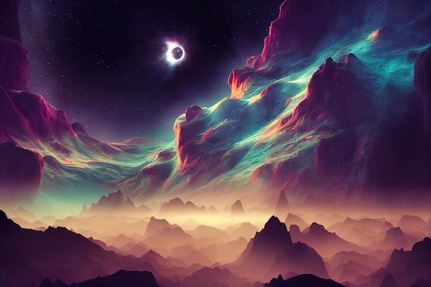 Futuristic fantasy landscape scifi landscape with planet neon light Digital art style painting