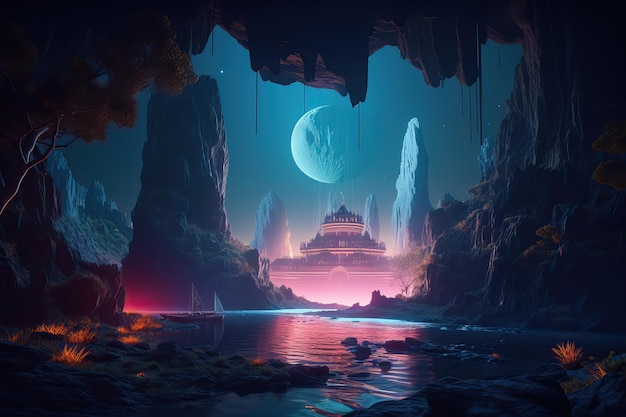 Futuristic fantasy night landscape with abstract landscape and island moonlight AI generated