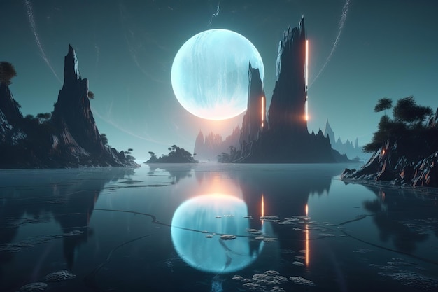 Futuristic fantasy night landscape with abstract landscape and island moonlight radiance moon neon AI generated