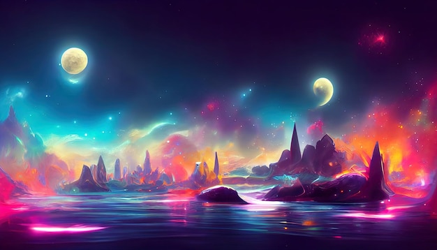 Futuristic fantasy night landscape with abstract landscape and\
island