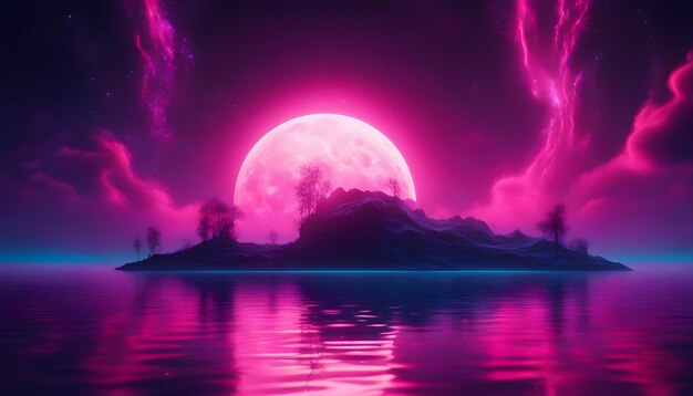 Foto paesaggio notturno di fantasia futuristica con grande luna a colore neon