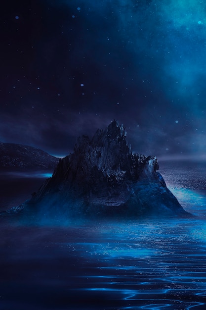물에 빛의 반사와 미래의 판타지 밤 풍경. 네온 우주 은하 포털 3d 그림