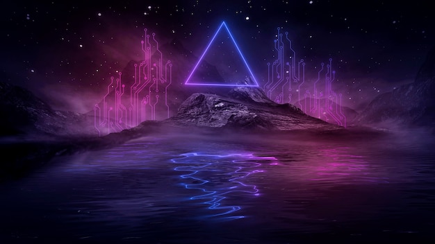 Futuristic fantasy night landscape with light  reflection in water. Neon space galaxy portal 3D illustration